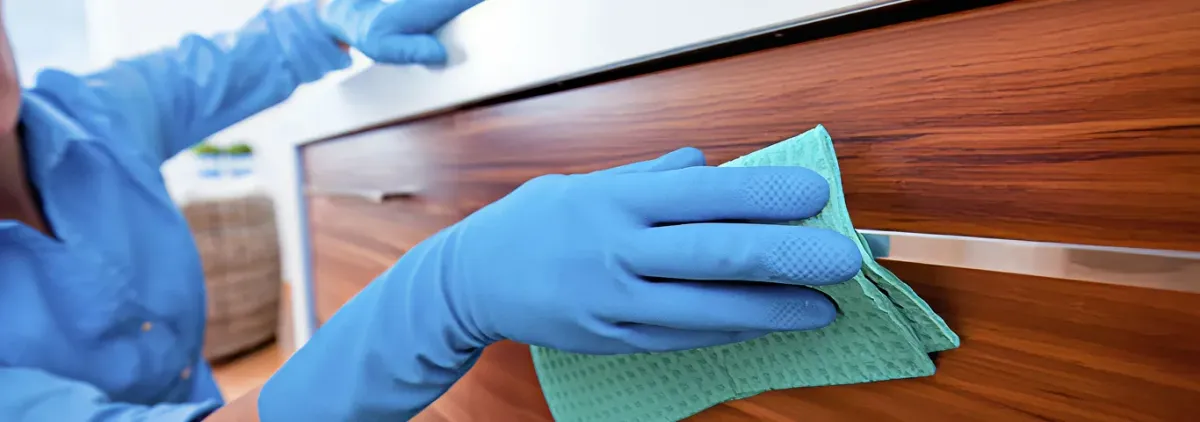 Cleaner wearing blue gloves wiping a wooden cabinet drawer with a microfiber cloth for dust and grime removal, Madison, WI.