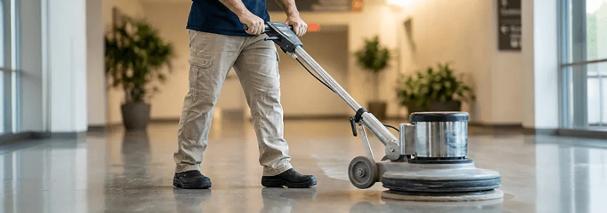 Professional technician using an industrial floor buffer to polish and maintain shiny commercial flooring in a corporate hallway in Madison, WI.