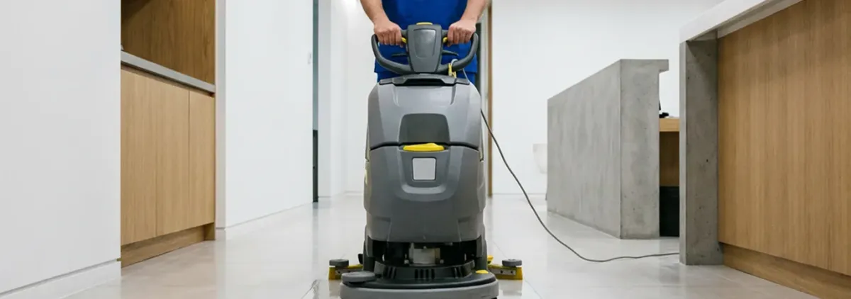 Janitorial staff using a floor scrubber machine to clean a commercial hallway, Madison, WI.