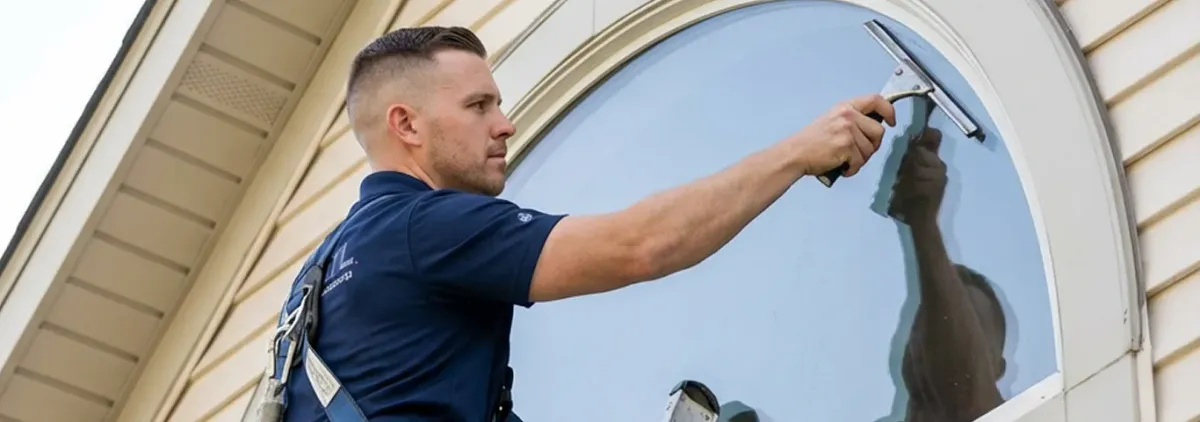 Professional window cleaner using a squeegee to clean an exterior arched window on a home, Madison, WI.