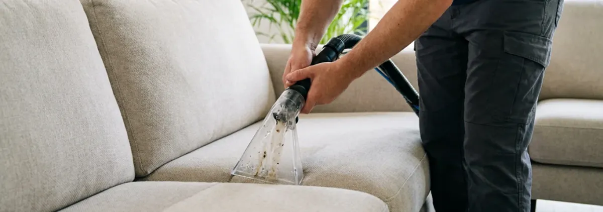 Technician extracting dirt and moisture from a fabric sofa with an upholstery cleaning wand, Madison, WI.